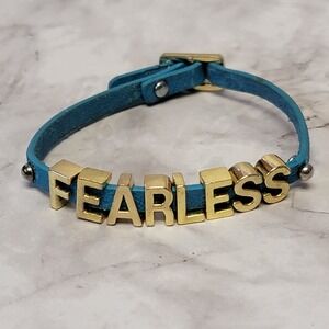 Fearless Letter Charm Bracelet Blue Gold Tone Faux Leather Wristband Concert
